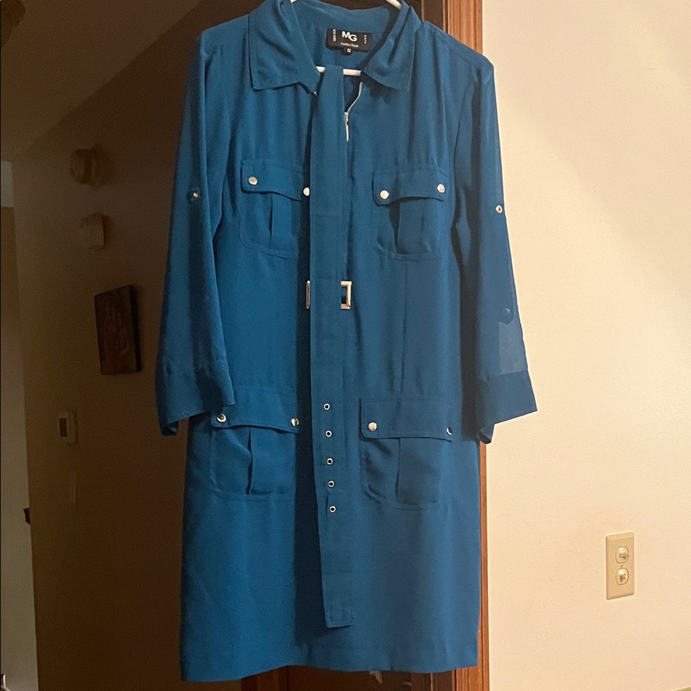 Teal Long-Sleeve Belted Shirt Dress